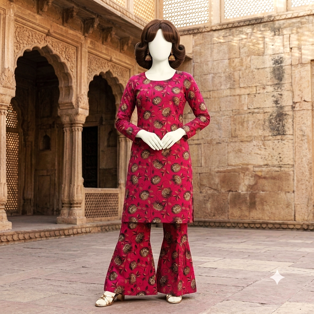 "Mannequin showcasing a vibrant pink 2-piece cotton silk unstitched suit with floral pattern, available at ZH2 Store."