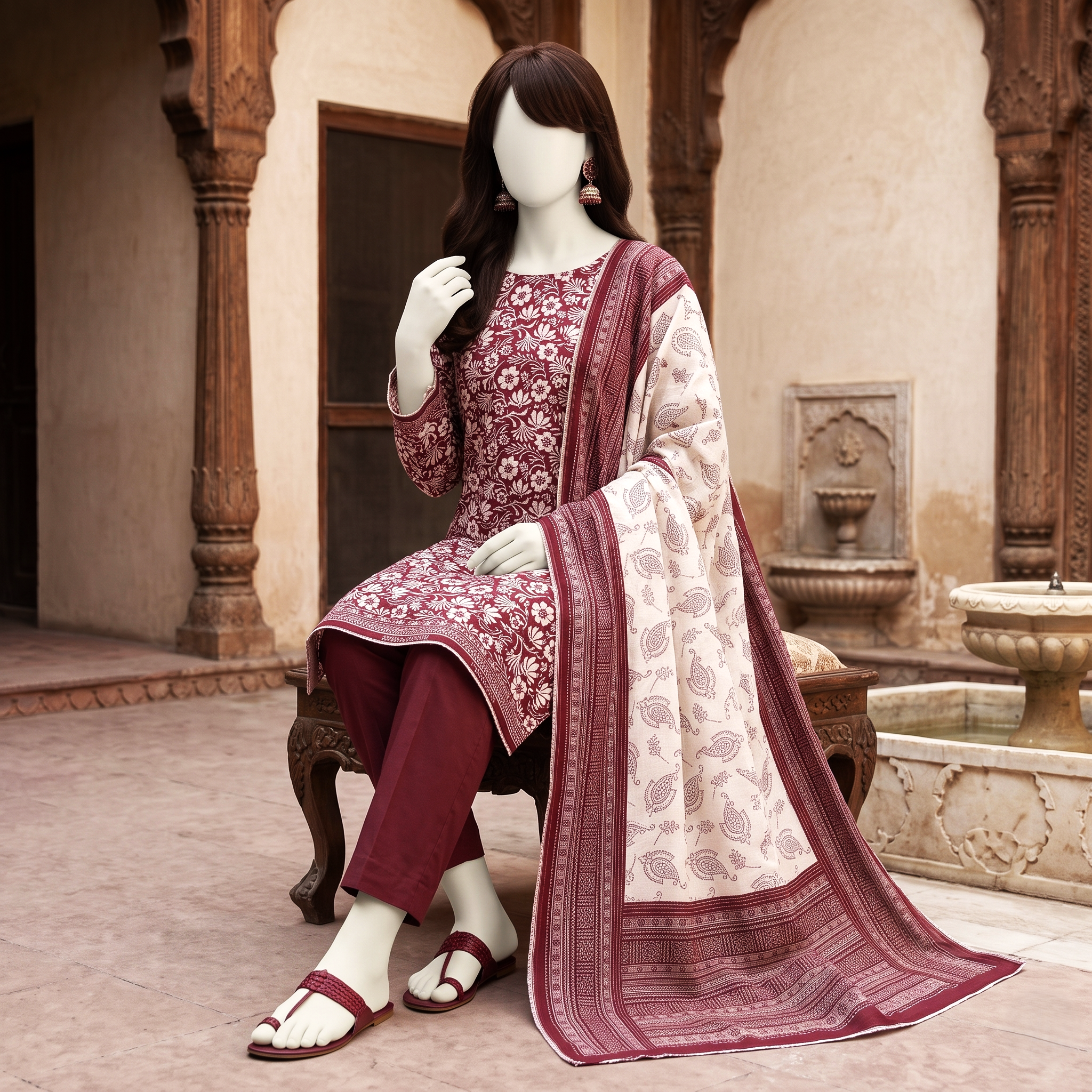 A professional studio shot of a mannequin wearing a maroon, floral-printed 3-piece unstitched lawn suit, seated on a wooden bench in a traditional architectural setting.