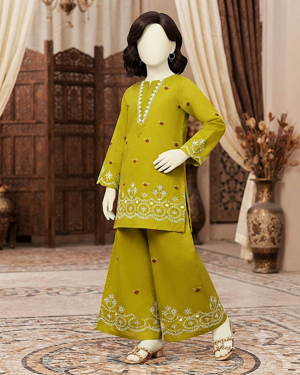 view of the kids unstitched embroidered lawn outfit showing detailed shirt and trousers