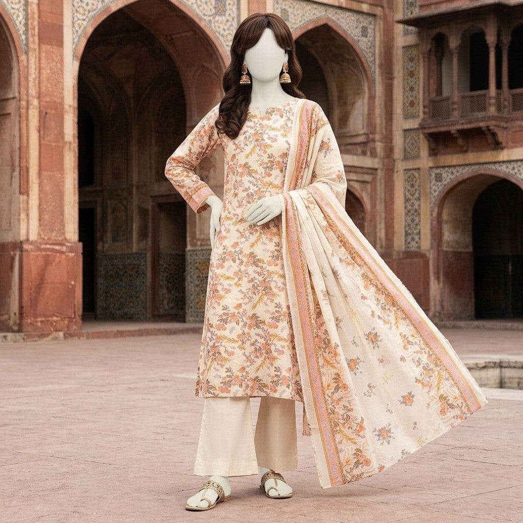 ZH2 Store Elegant Floral Printed 3-Piece Unstitched Lawn Suit