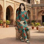 "Close-up of premium teal and green floral print on cotton silk fabric"