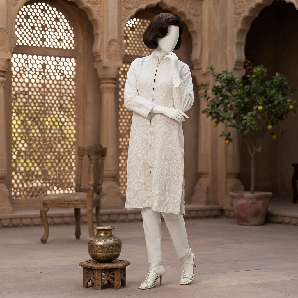 Full-length view of a mannequin showcasing the detailed embroidery of the ZH2 Store ivory long coat in a historical architectural setting.