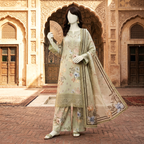Close-up view of the floral printed breathable cotton 3-piece unstitched suit featuring detailed neckline and border work.