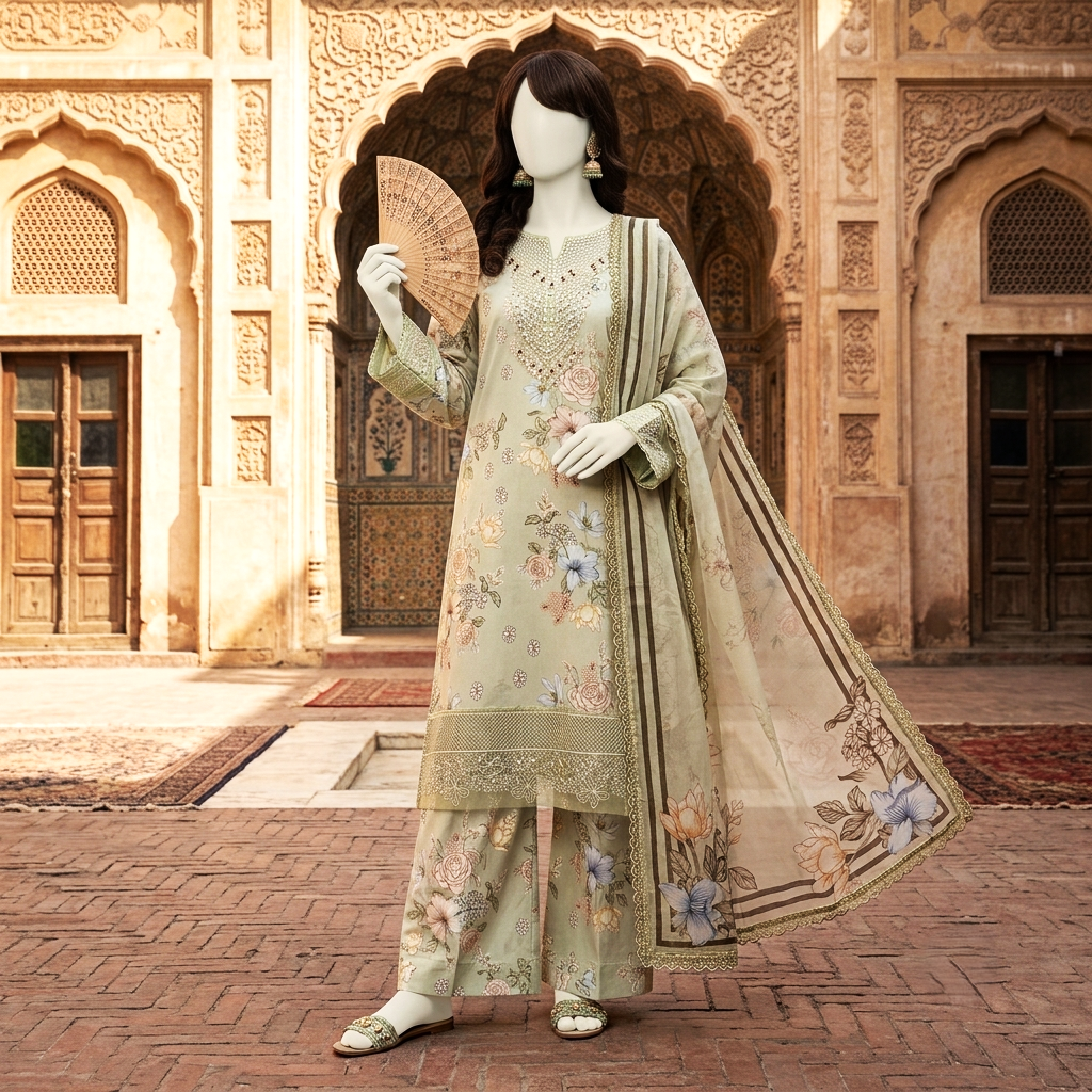 Close-up view of the floral printed breathable cotton 3-piece unstitched suit featuring detailed neckline and border work.