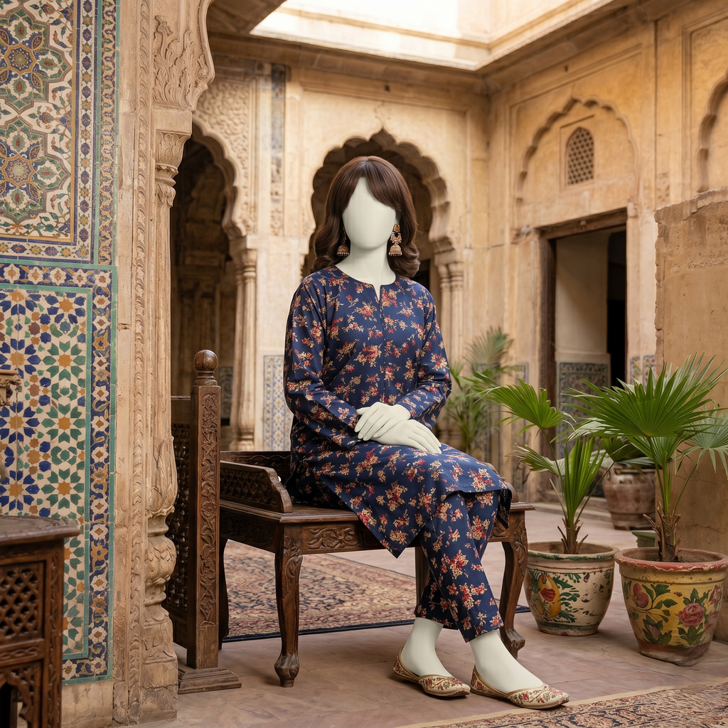 "Woman wearing a premium cotton-silk unstitched 2-piece suit with a vibrant floral print from ZH2 Store."