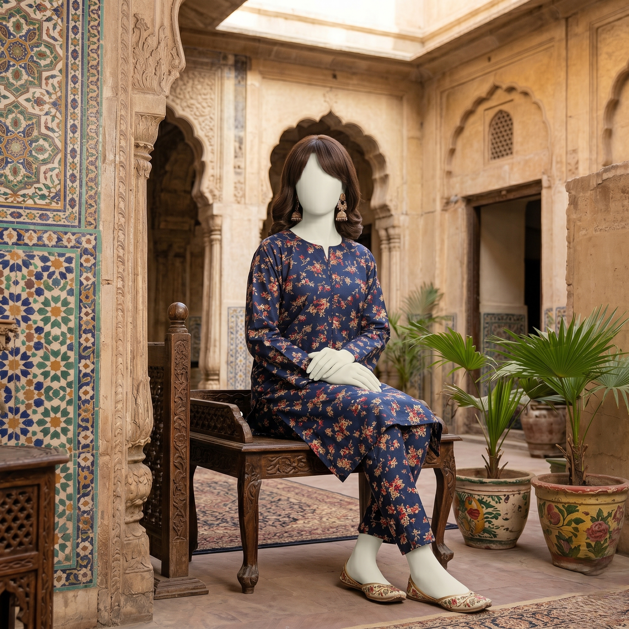 "Woman wearing a premium cotton-silk unstitched 2-piece suit with a vibrant floral print from ZH2 Store."