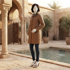 Side view of the sophisticated brown quilted puffer jacket with diamond quilting, shown on a mannequin near an outdoor pool.