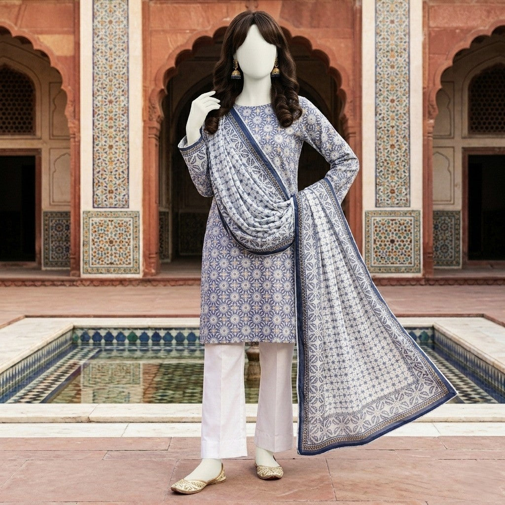 ZH2 Store Elegant Blue Geometric Printed 3-Piece Unstitched Lawn Suit