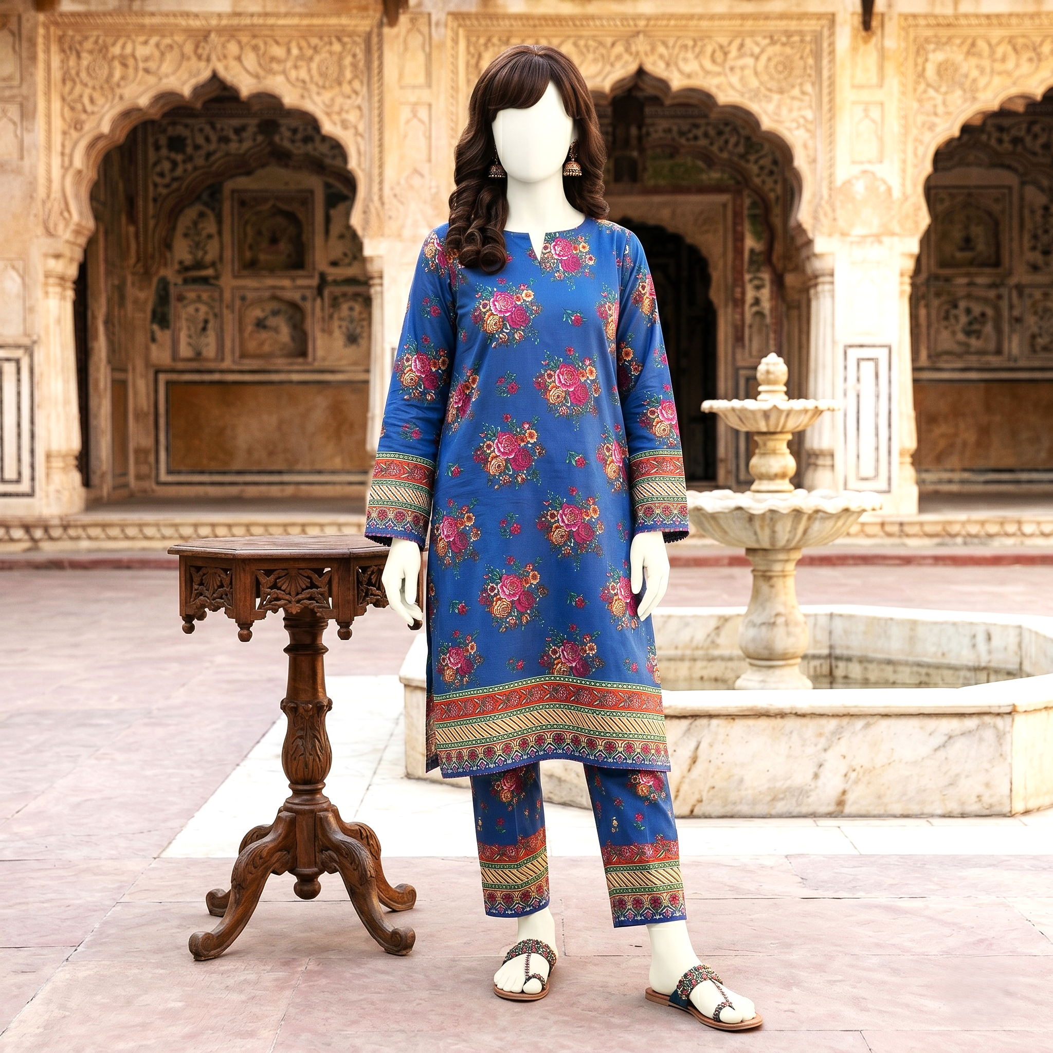 Front standing view of a blue floral printed 2-piece unstitched lawn suit from ZH2 Store, styled with a small wooden side table.