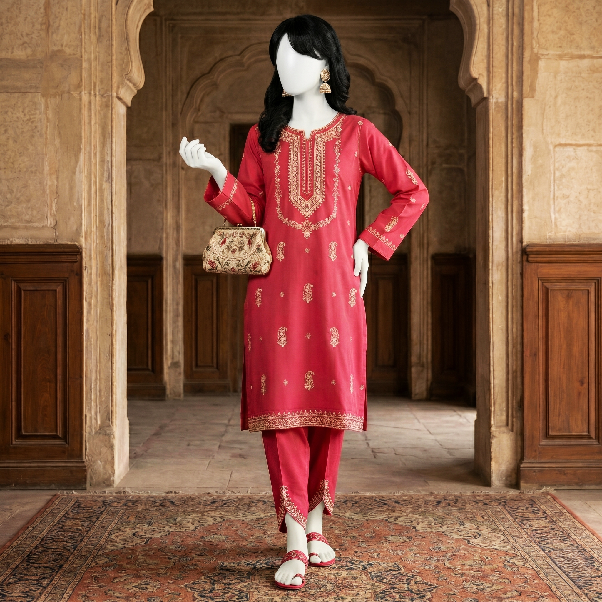 Premium 2-piece printed unstitched lawn suit collection by ZH2 Store, featuring a 2.2-meter shirt and 2.2-meter trouser fabric with intricate floral and ethnic designs displayed on a mannequin.