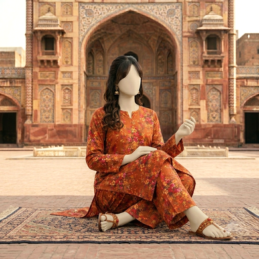 "Close-up of premium rust and orange floral pattern on breathable cotton silk fabric"