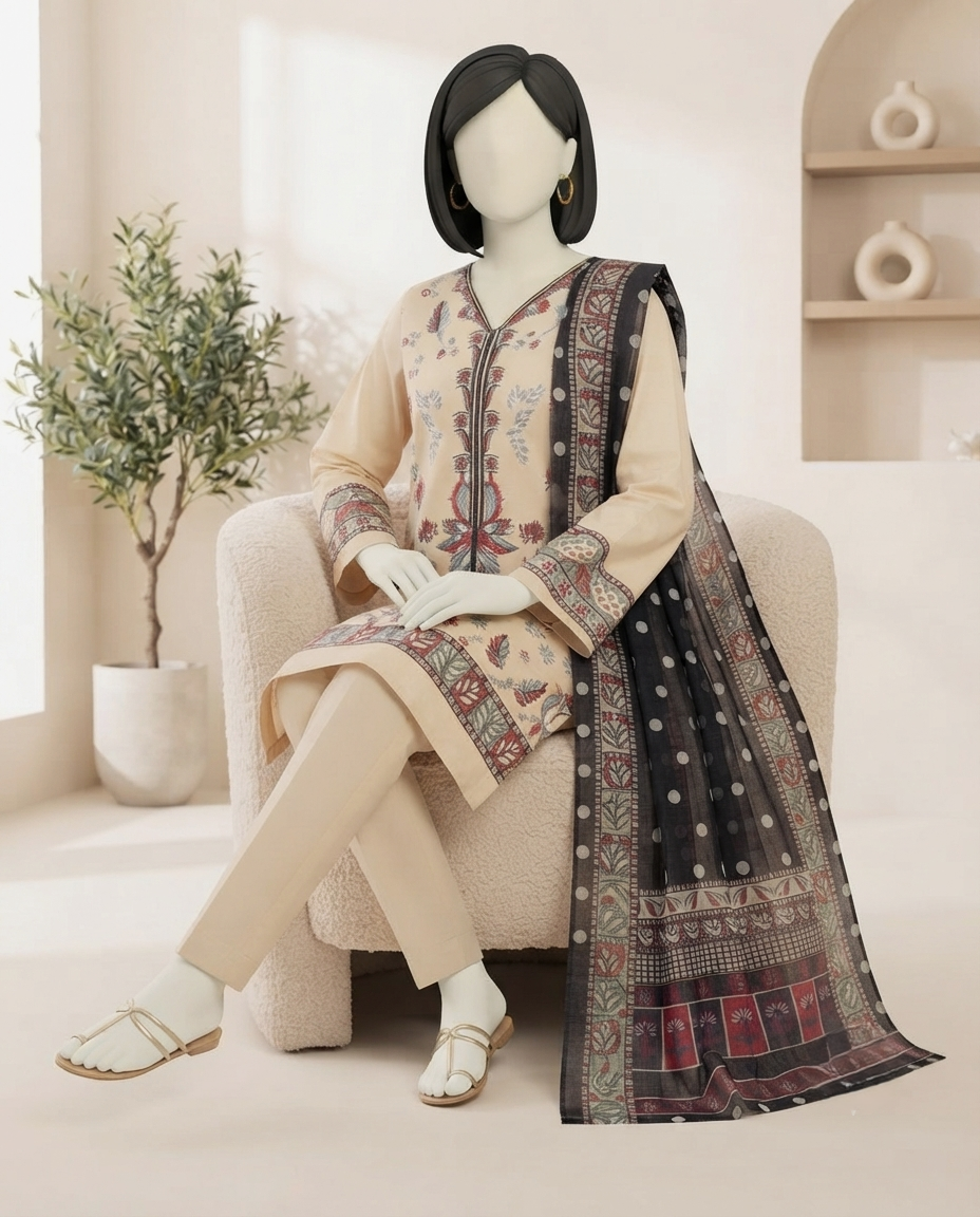 Beige 3-piece unstitched embroidered lawn suit with a contrast black and patterned dupatta displayed on a mannequin.