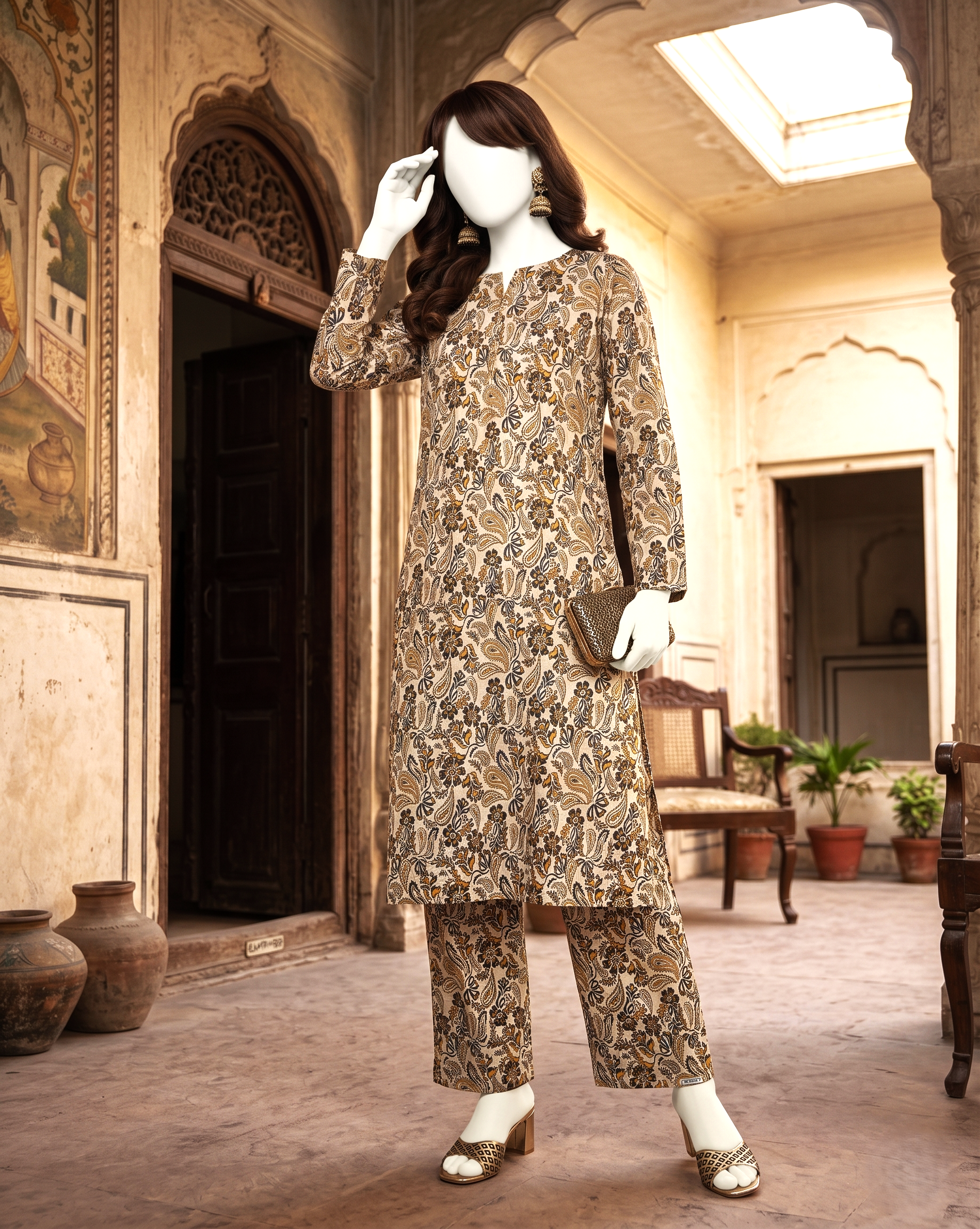 Front view of a mannequin wearing a beige paisley-printed 3-piece unstitched lawn suit from ZH2 Store.