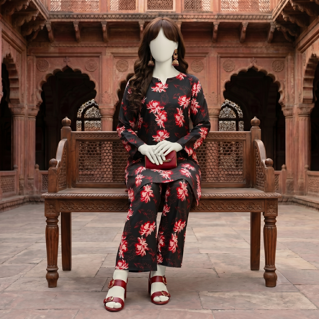"A mannequin wearing a dark-based floral print 2-piece cotton silk unstitched suit, available at ZH2 Store."