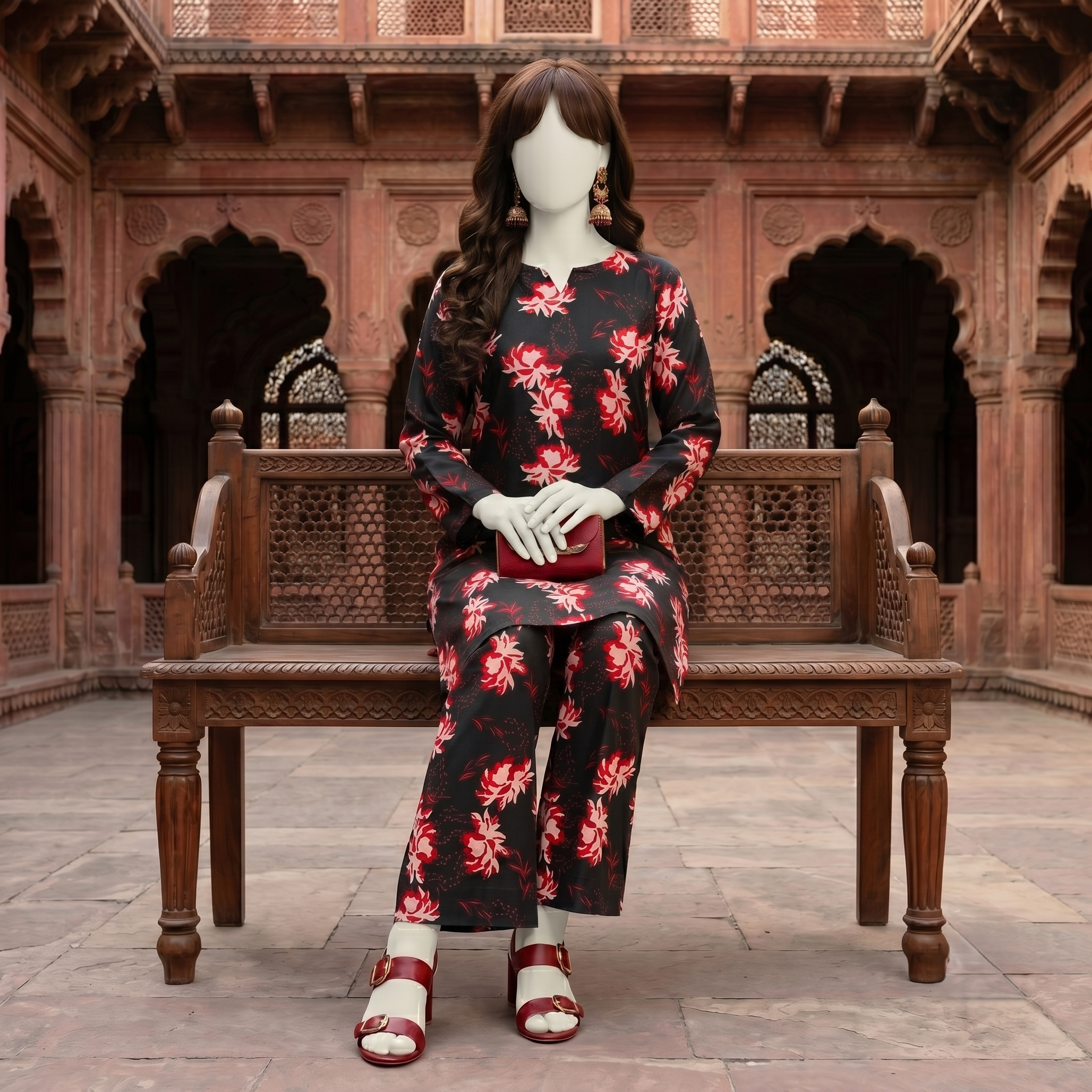 "A mannequin wearing a dark-based floral print 2-piece cotton silk unstitched suit, available at ZH2 Store."