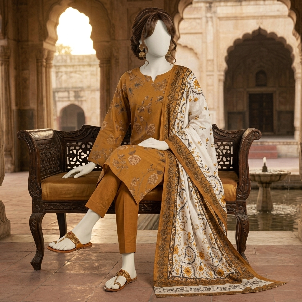 Mustard floral embroidered 3-piece unstitched lawn suit displayed on a mannequin, ZH2 Store