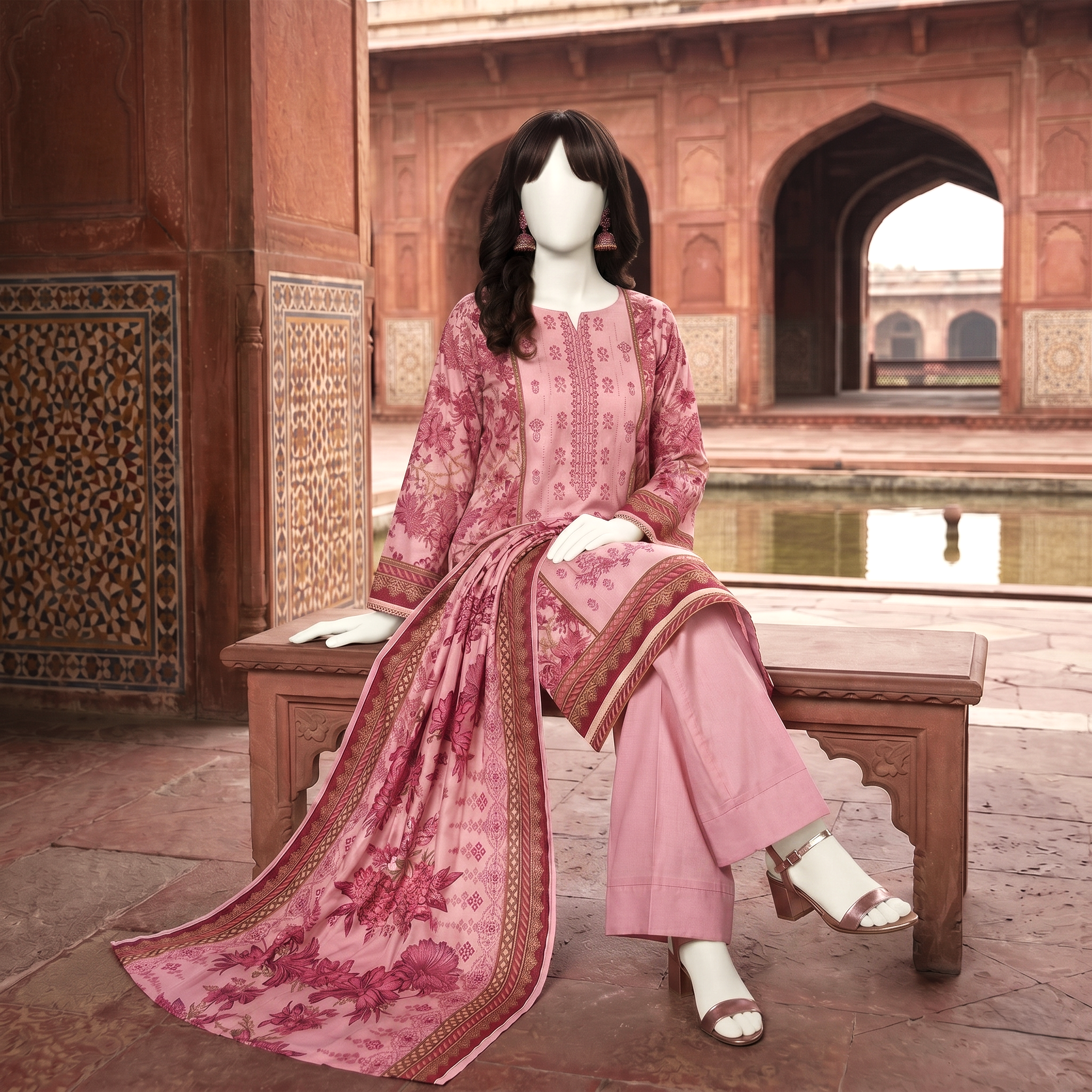 ZH2 Store Pink 3-Piece Unstitched Printed Lawn Suit