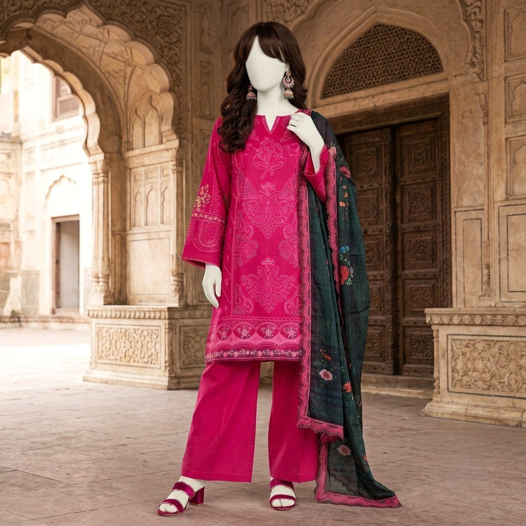 A focused view of a mannequin displaying the premium embroidery on a fuchsia lawn shirt, complete with coordinating trousers and dupatta.