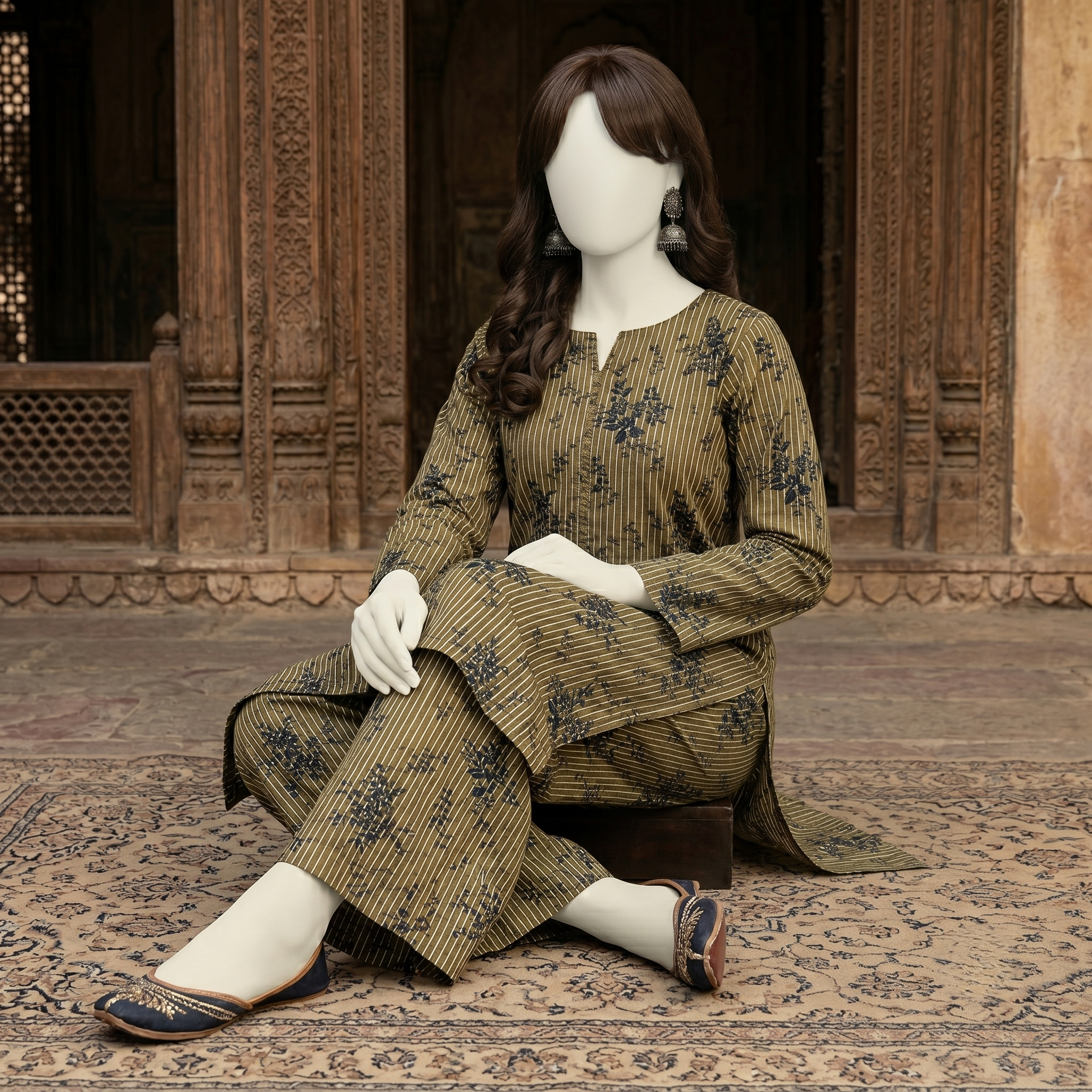"view of an unstitched olive green floral cotton 2-piece suit - ZH2 Store"
