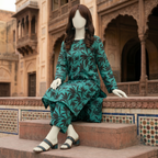 Mannequin wearing an elegant 2-piece unstitched cotton-silk suit with intricate print, ZH2 Store.