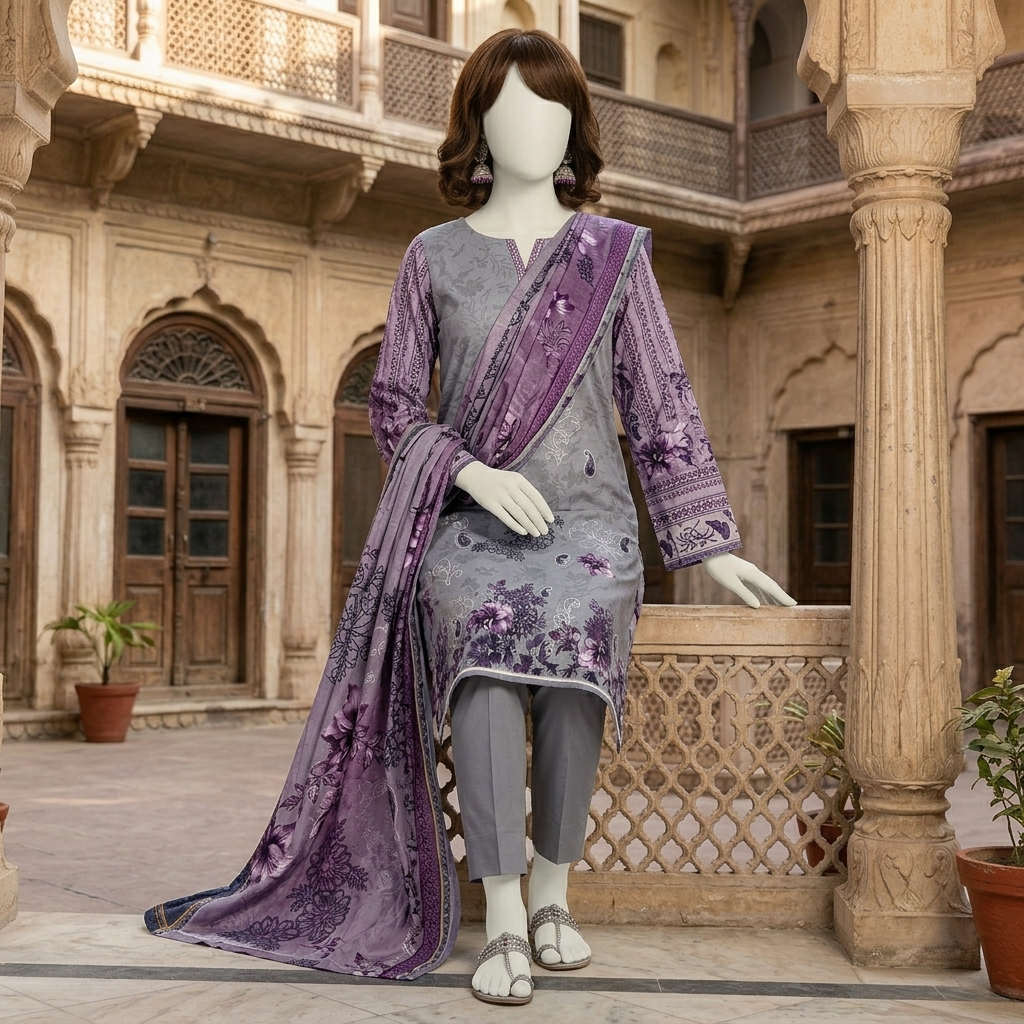 ZH2 Store 3-piece unstitched printed lawn suit with floral patterns on a mannequin.