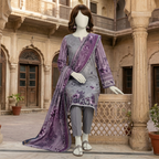 ZH2 Store 3-piece unstitched printed lawn suit with floral patterns on a mannequin.