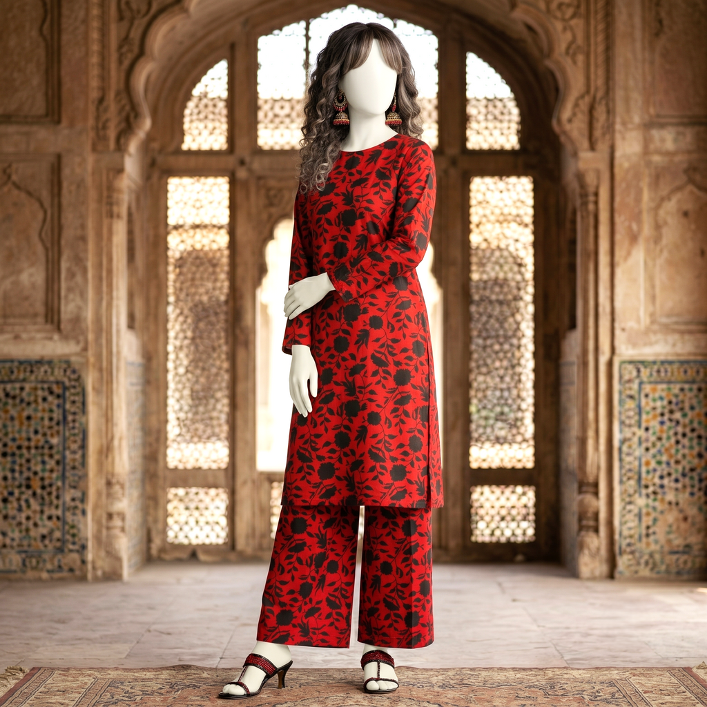 "Mannequin showcasing a bold red and black floral printed 2-piece cotton silk unstitched suit, available at ZH2 Store."