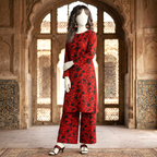 "Mannequin showcasing a bold red and black floral printed 2-piece cotton silk unstitched suit, available at ZH2 Store."