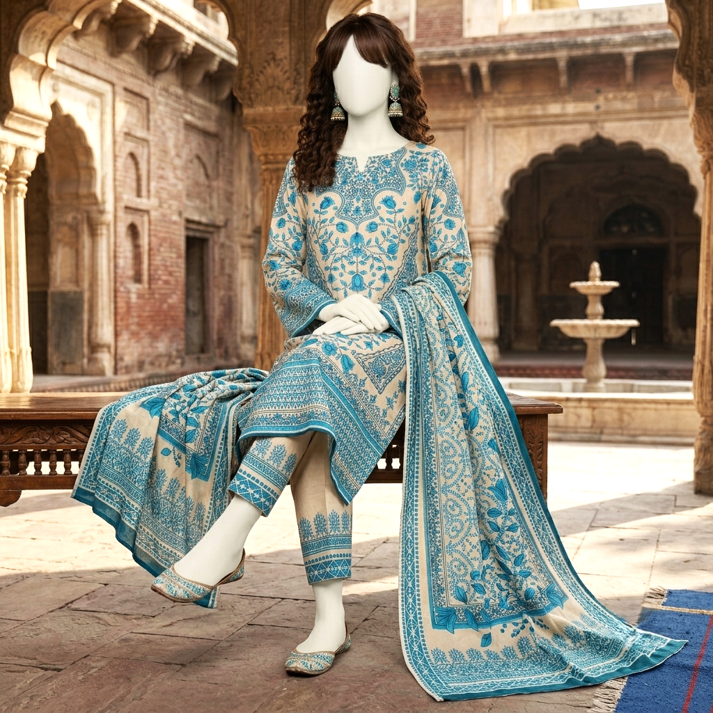 Premium 3-piece printed unstitched lawn suit from ZH2 Store in a blue and ivory floral architectural print, showcasing a 2.8-meter shirt, 2.5-meter dupatta, and 2.5-meter trouser fabric on a display mannequin.