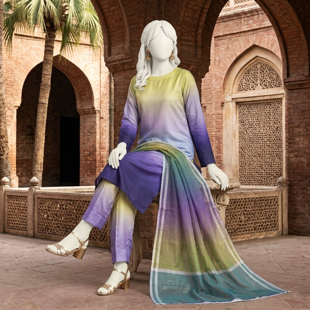 A seated mannequin displaying the elegant drape of a gradient silk 3-piece unstitched suit in yellow, purple, and blue tones.