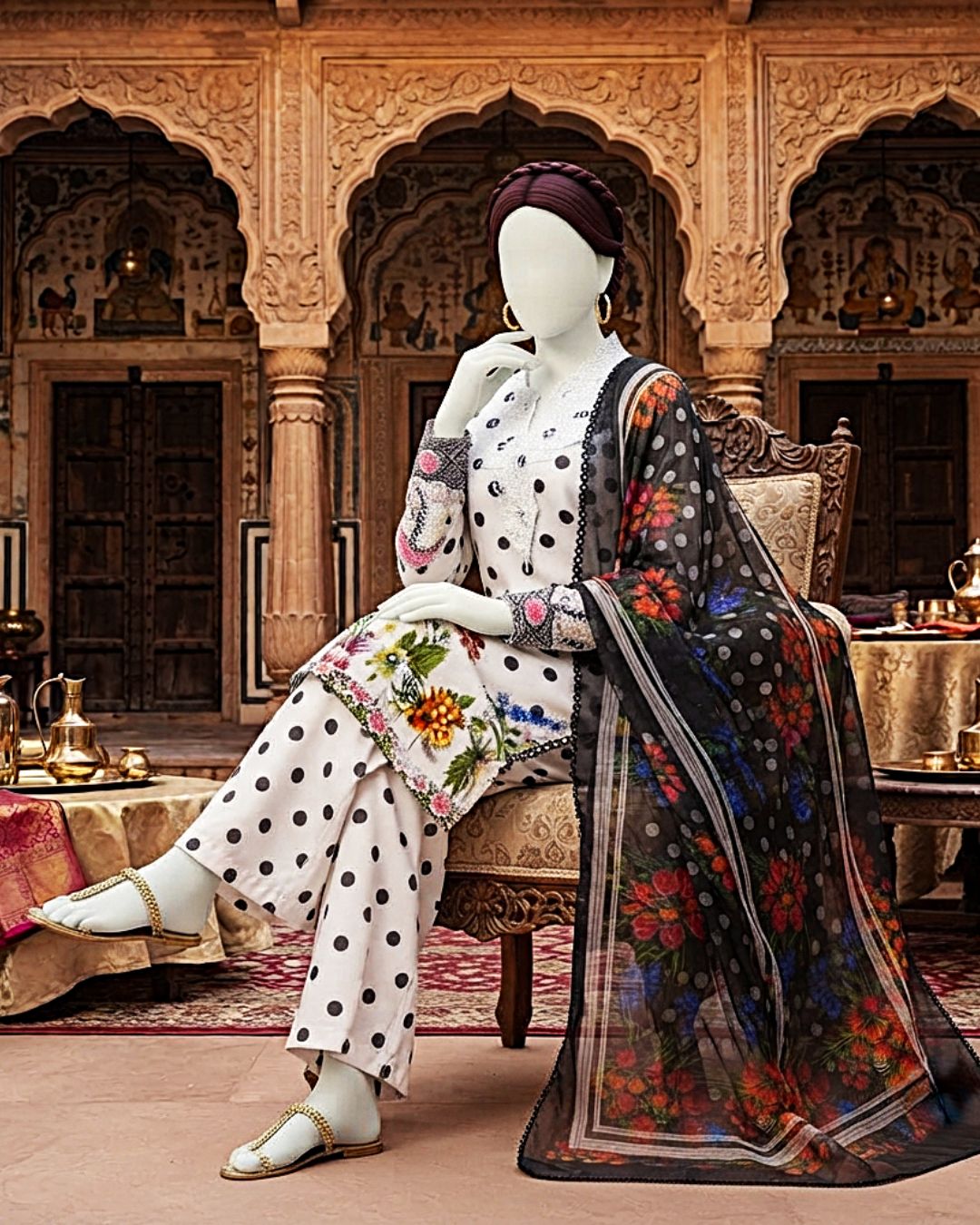 Model wearing unstitched polka dot lawn suit featuring embroidered neckline and sleeves patch