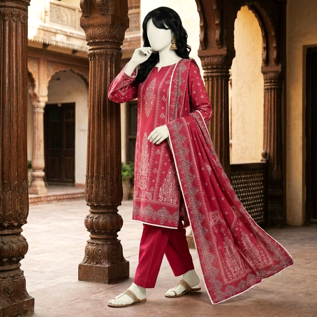 Side view of the crimson unstitched lawn suit featuring detailed printed patterns on the shirt and matching trousers.