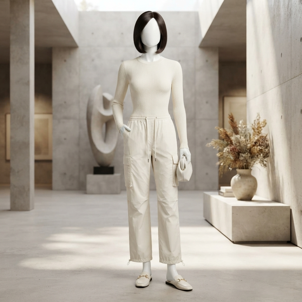 Model wearing aesthetic cargo pants with side pockets, studio setting.