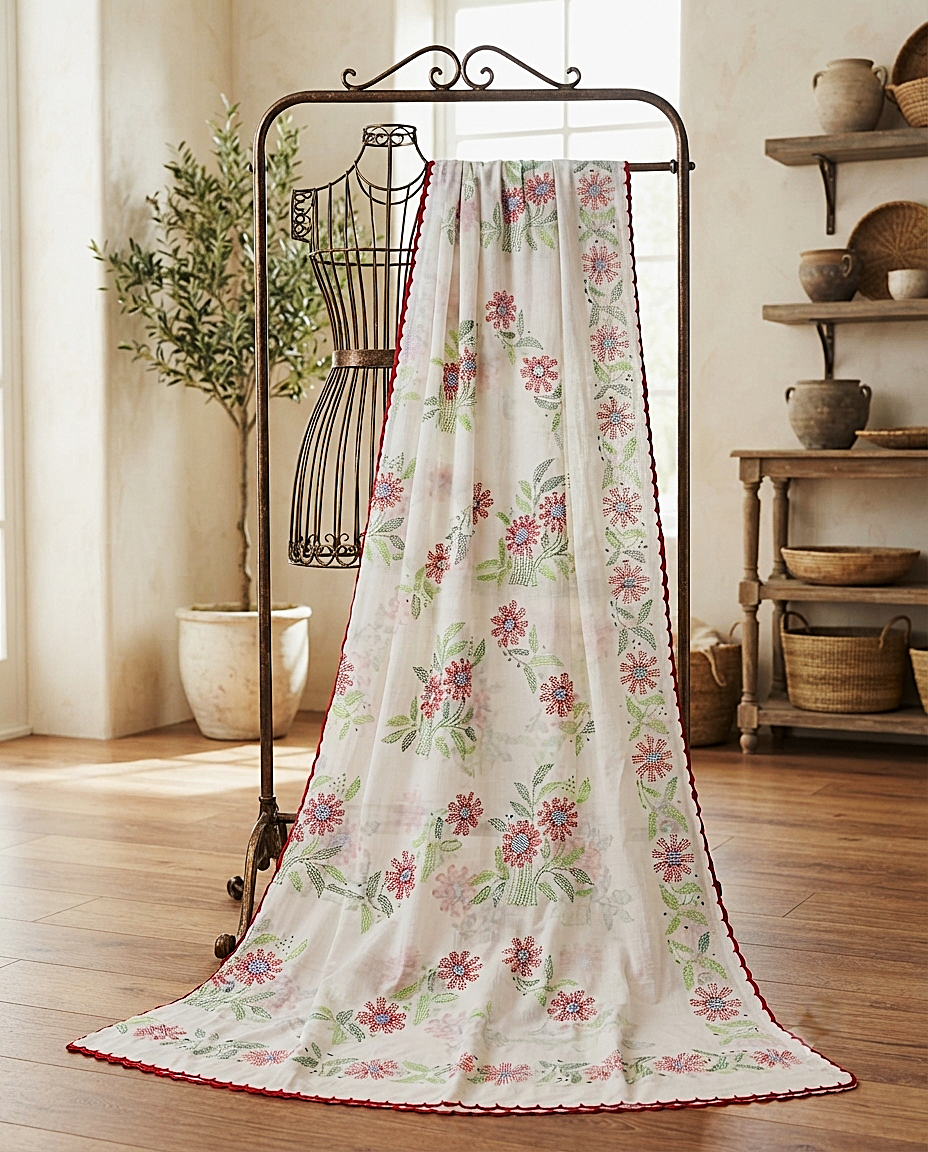 Classic white chaddar with intricate all-over white paisley and leaf embroidery hanging on a metal rack