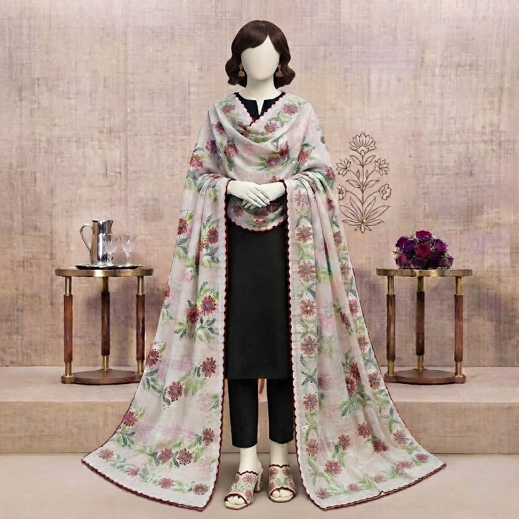 Mannequin wearing a black suit draped in a white floral embroidered chaddar shawl