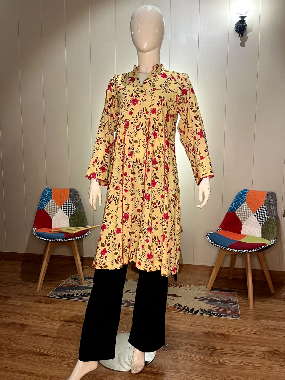 Vibrant Yellow & Red Floral Printed Cotton Frock Style Kurti | Pleated A-Line Tunic (LFS-3007)