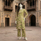 "Woman wearing a premium cotton-silk unstitched 2-piece suit with monochrome geometric printed work from ZH2 Store."