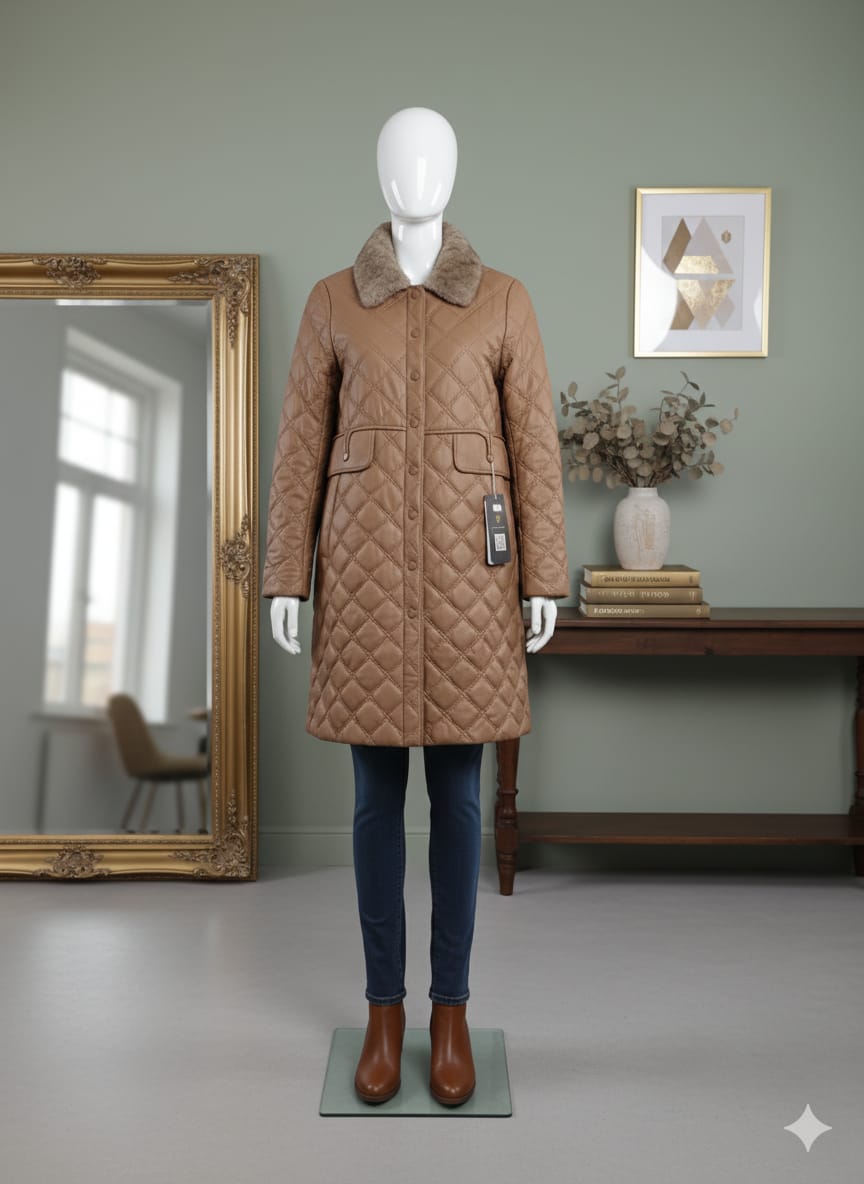 "Imported Women's Diamond Quilted Coat with Faux Shearling Collar"  (9002)