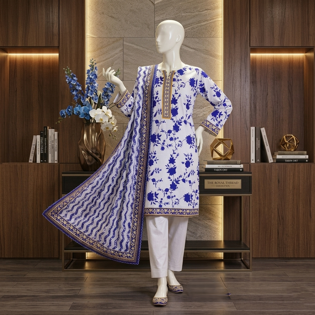 "Royal Thread Blue and White Floral Lawn Suit with Dupatta"