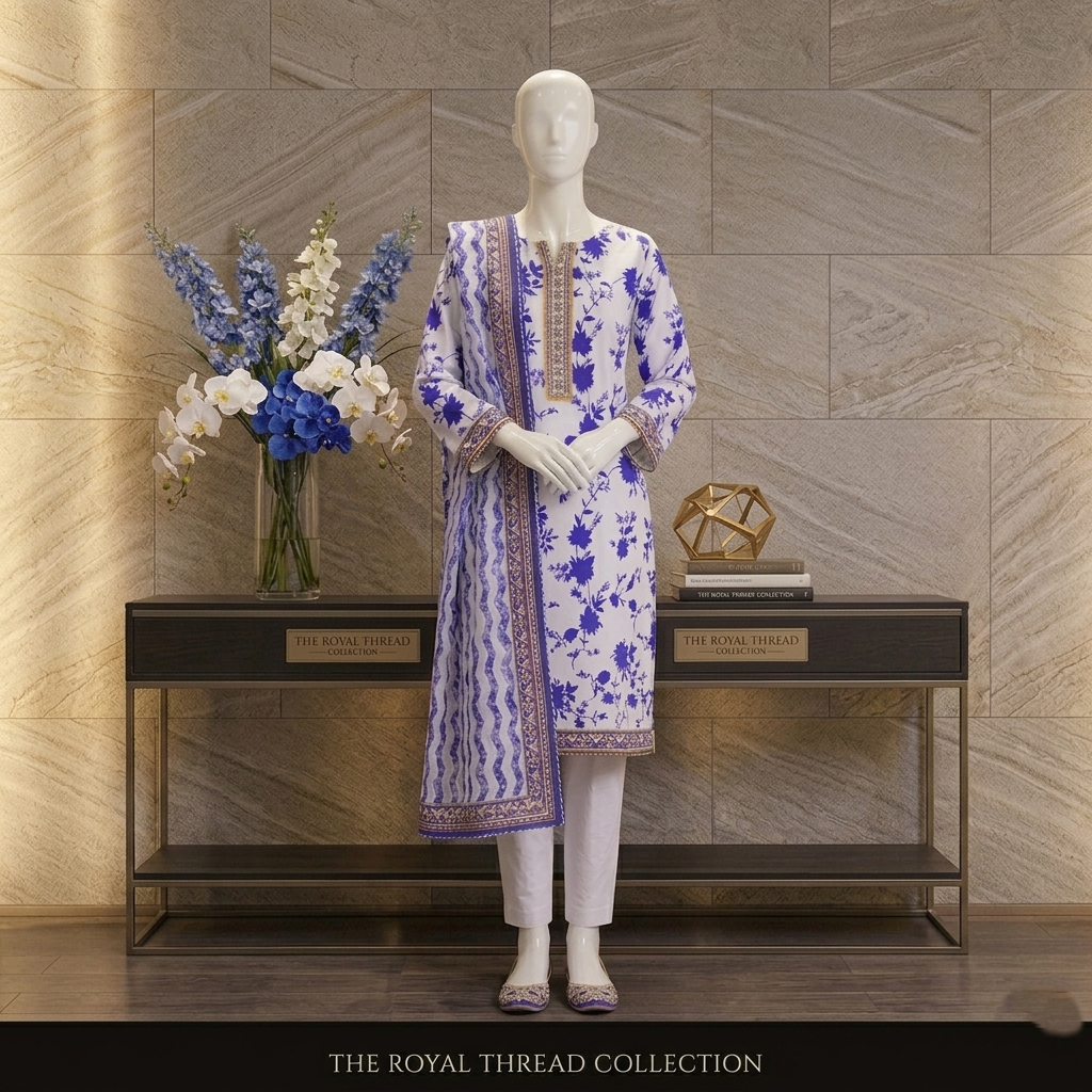 "Royal Thread Blue and White Floral Lawn Suit with Dupatta"