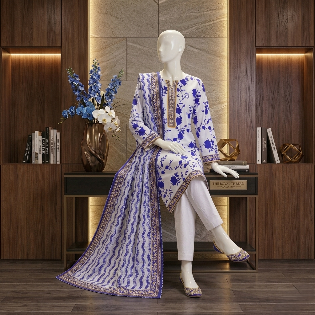 "Royal Thread Blue and White Floral Lawn Suit with Dupatta"