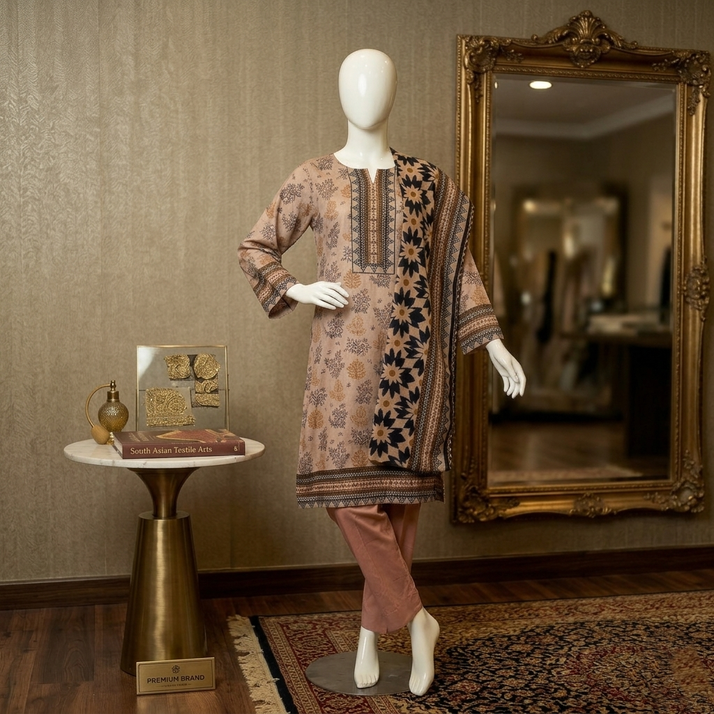 "Terracotta Earthy Tones Printed Suit with Floral Border Dupatta"