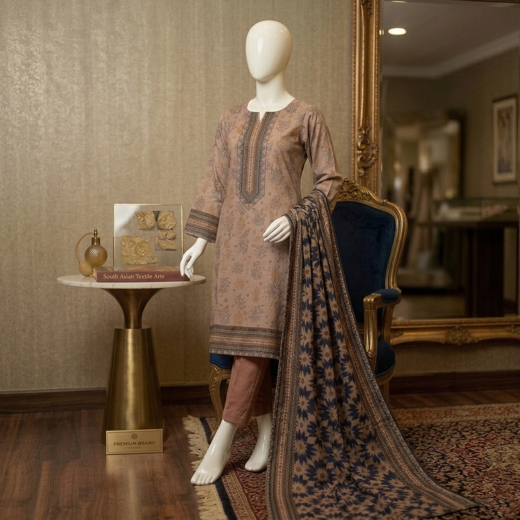 "Terracotta Earthy Tones Printed Suit with Floral Border Dupatta"