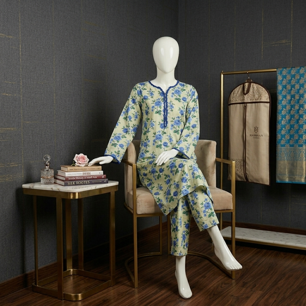 Mint Blossom Floral Digital Print Lawn Set with Emerald Lace Details