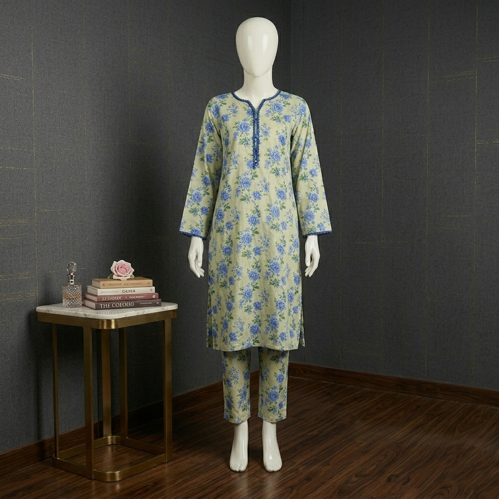 Mint Blossom Floral Digital Print Lawn Set with Emerald Lace Details