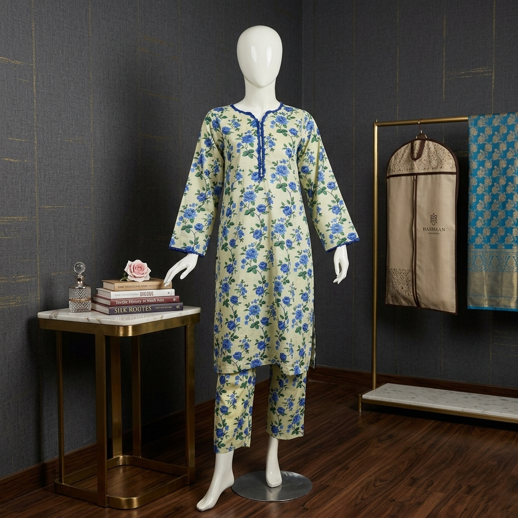 Mint Blossom Floral Digital Print Lawn Set with Emerald Lace Details