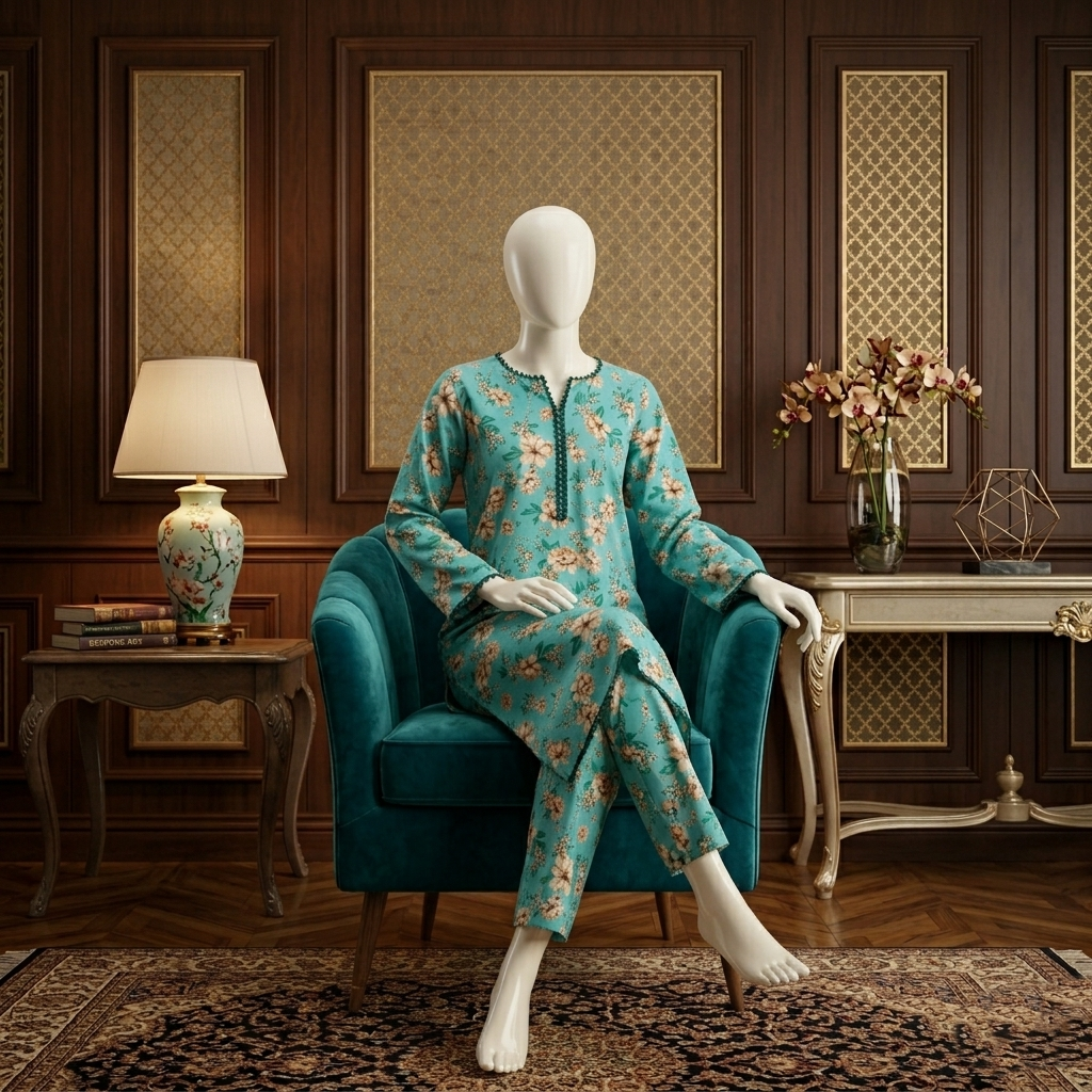 Sage Garden Printed Lawn Suit with Blue Scalloped Lace Finish