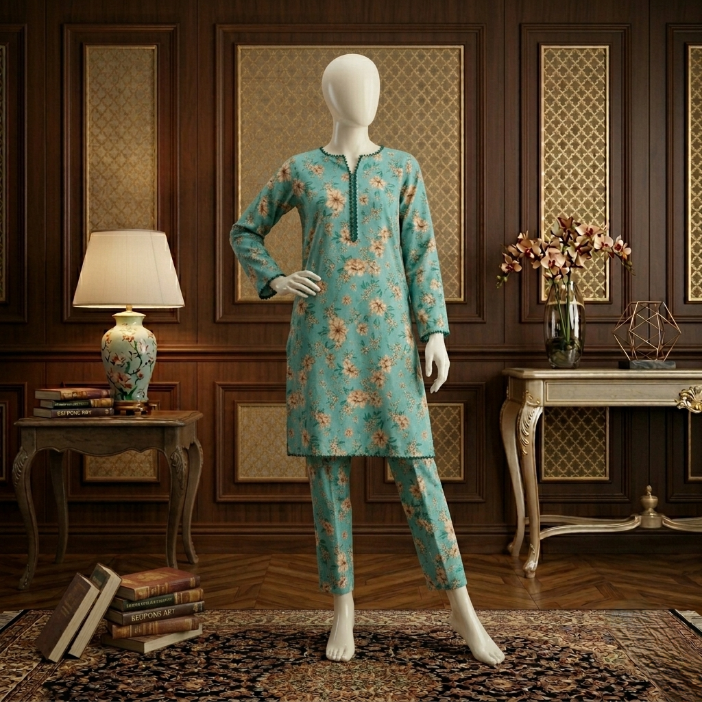 Sage Garden Printed Lawn Suit with Blue Scalloped Lace Finish
