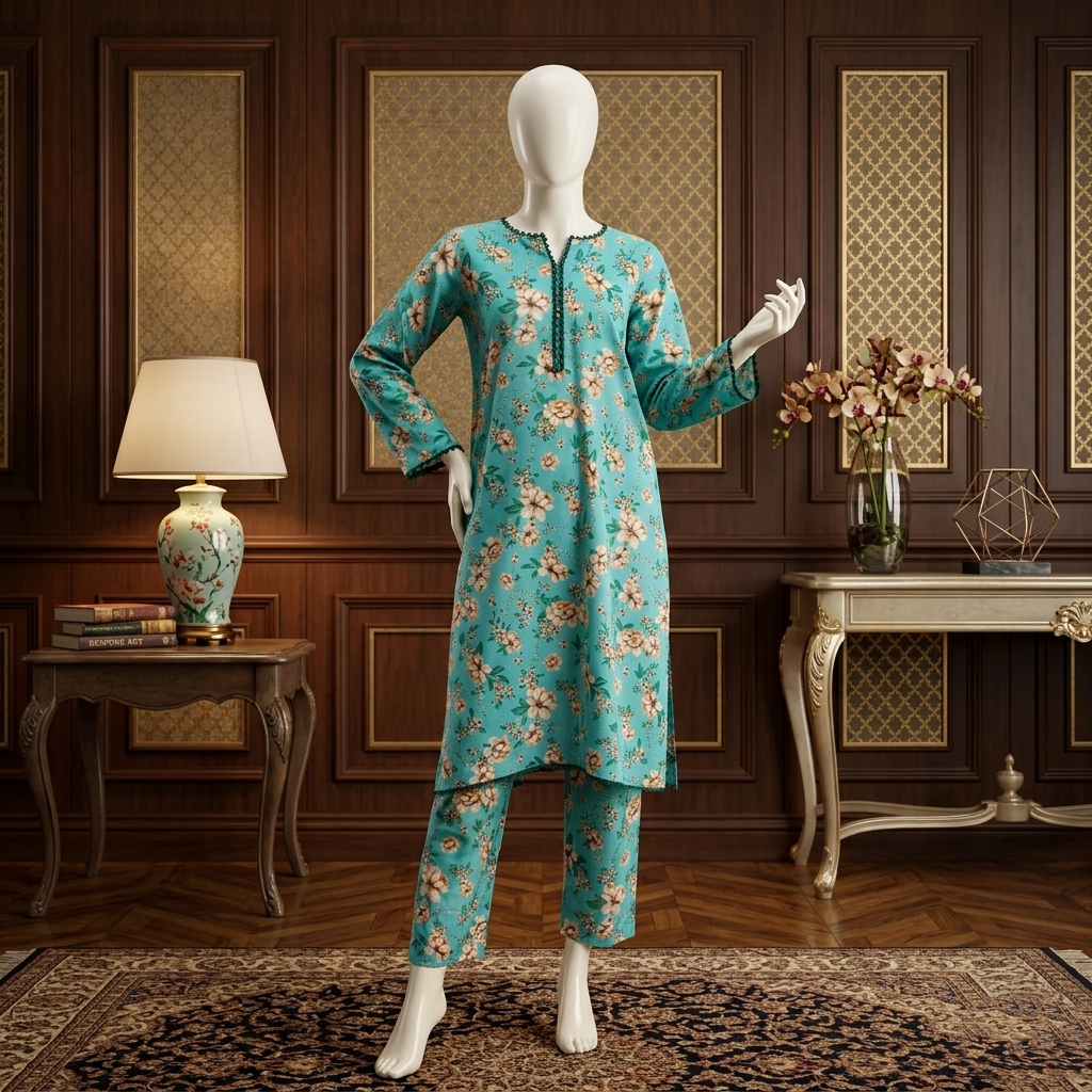 Sage Garden Printed Lawn Suit with Blue Scalloped Lace Finish