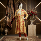 Standing view of ZH2 Store mustard floral lawn kurti with pleated front design on a mannequin.